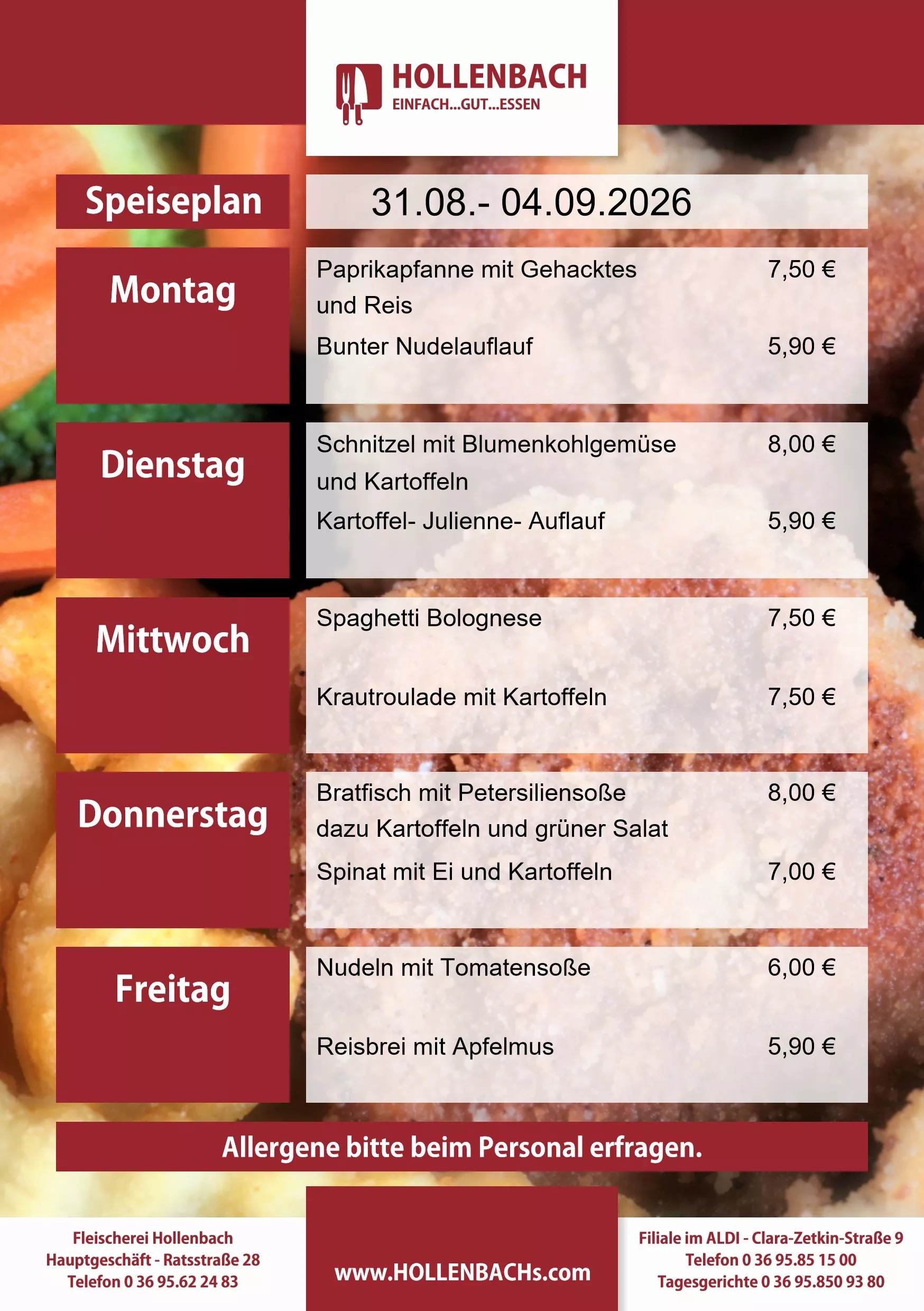HOLLENBACHs wöchentlicher Speiseplan